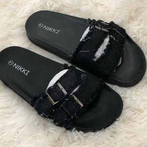 Black Denim Distressed Footbed Slide Sandals 5 6